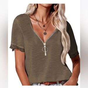 Taupe Front Zip Top with Pace Sleeves